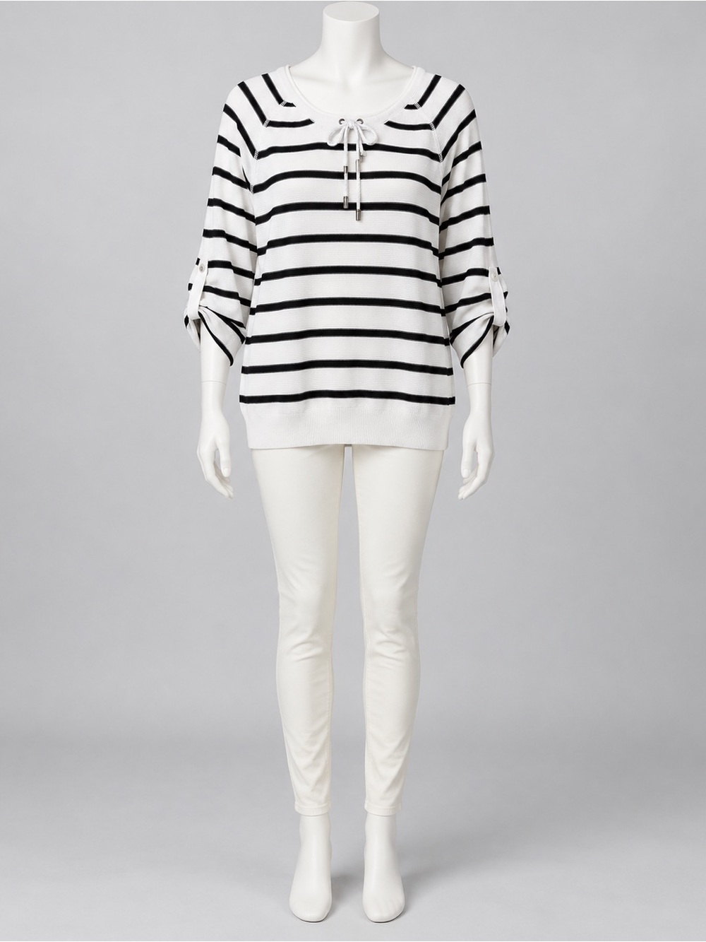 Grace Elements White and Black Striped Lace-Up Dolman Top